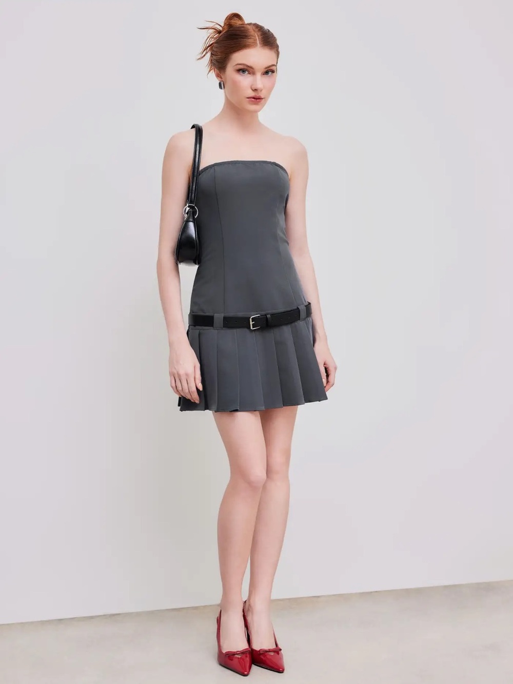 Strapless Pleated Mini Dress in Charcoal